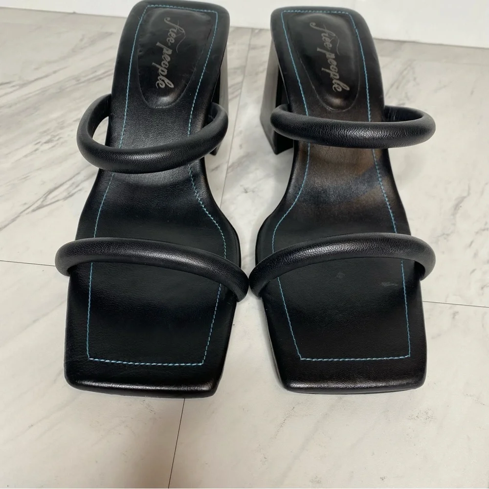 New! Free People Parker Double Strap Square Toe Black Leather Heeled Sandal 41